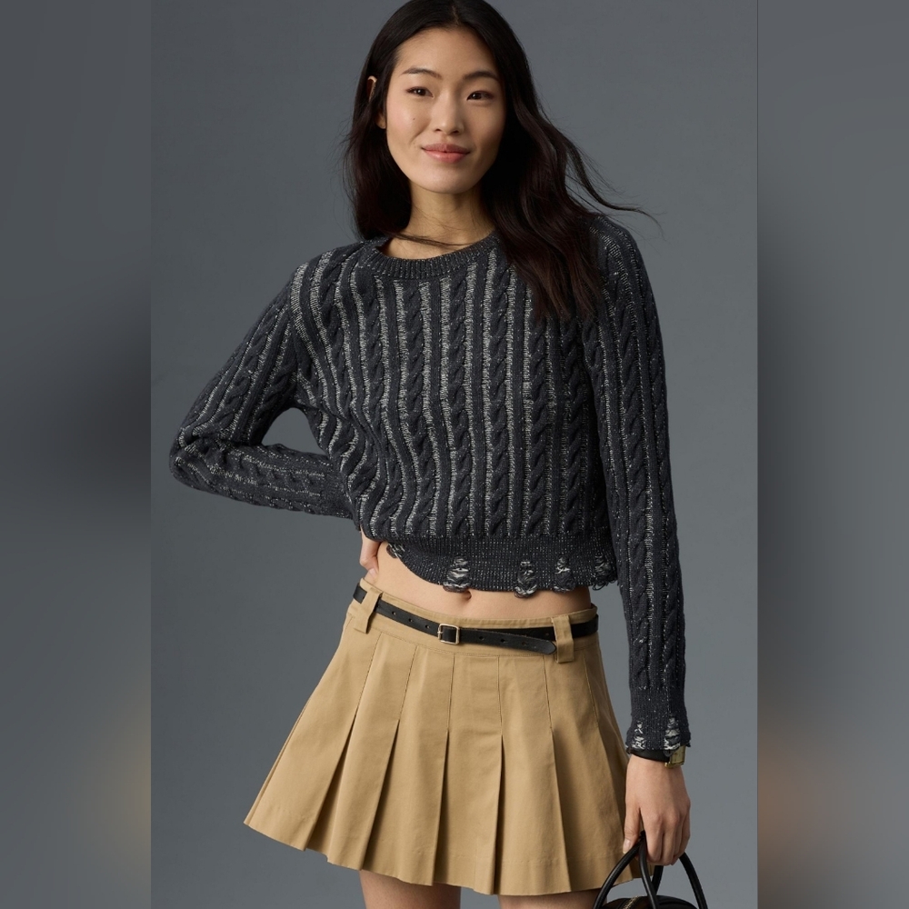 Anthropologie Black Crew Neck Sweater with Cable Knit